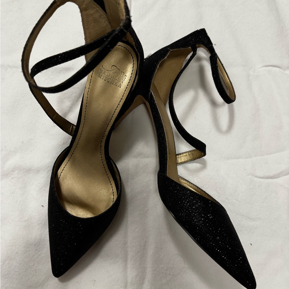 Badgley Mischka Black Glitter Pointed-Toe Strappy Heels